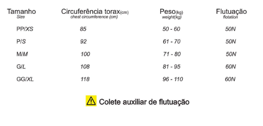 Tabela de tamanhos colete inverter